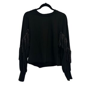 Young Fabulous & Broke Black Long Sleeve Rhinestone Fringe Crop Top Size S